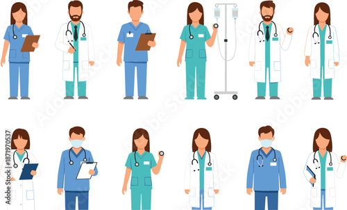 Medical professional characters set with doctors and nurses in scrubs and lab coats, healthcare team with stethoscopes and clipboards flat vector illustration.