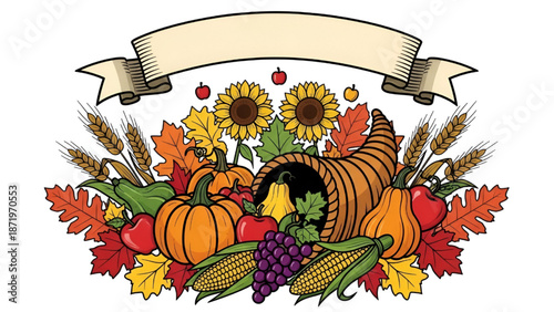 Thanksgiving Cornucopia with Pumpkins, Fruits, and Flowers