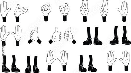 Retro cartoon character body parts collection featuring white gloved hands in various gestures like thumbs up fist and victory with black boots set