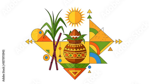 Pongal Festival Illustration with Clay Pot and Sugarcane on White Background
