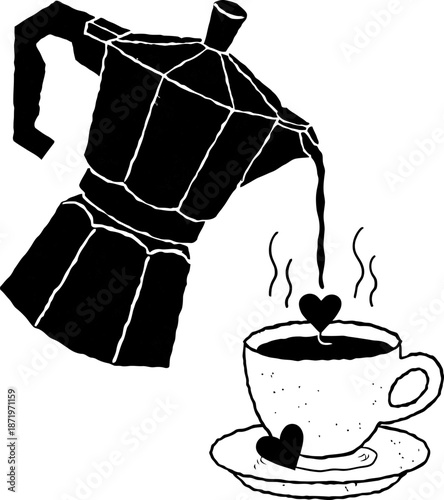 Hand-drawn illustration of a Moka pot pouring hot coffee into a steaming cup with hearts, celebrating warmth and love for a cherished morning coffee ritual