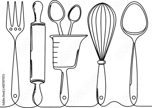 Illustration of kitchen utensils in a continuous line drawing style, showcasing culinary tools