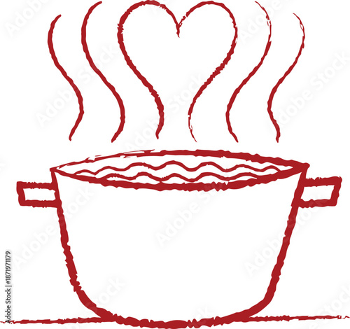 Hand-drawn illustration of a steaming pot with a heart shape rising from the steam, symbolizing love for cooking and food