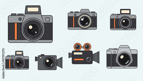 Set of Photography and Video Camera Icons, Digital Devices on Light Blue Background
