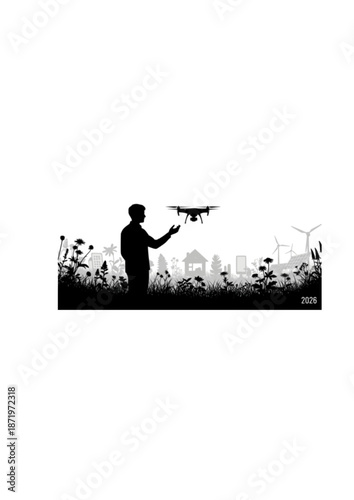Cyber Gardening and AI Assistant Silhouette. Person with Robotic Drone in Rewilded Garden for 2026 Sustainable Tech and Smart Home Concept Vector.