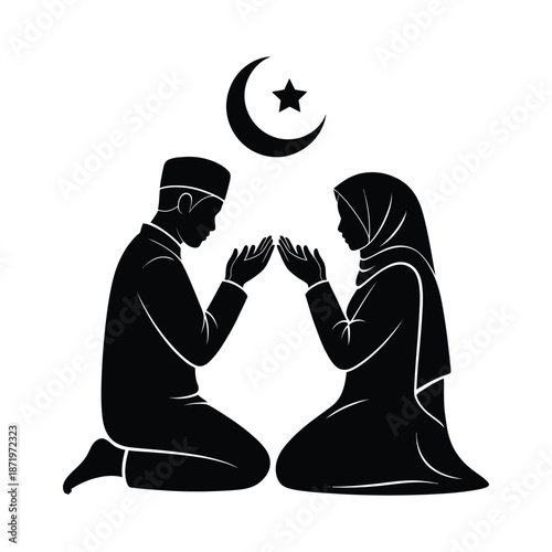 a peaceful depiction of a muslim couple in prayer representing faith and devotion together