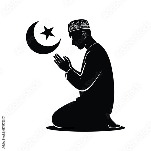 A silhouette of a muslim man praying with hands raised towards a crescent moon and star