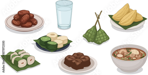 Ramadan Iftar Food Illustration Set with Dates, Traditional Snacks and Drinks Islamic Fasting Theme