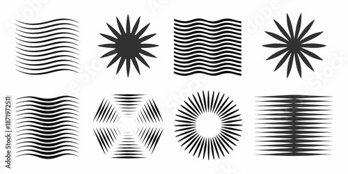 Abstract black and white graphic elements waves spikes and radial lines