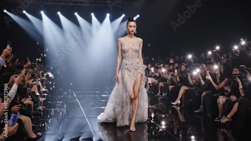 A stunning model strides confidently down the runway, wearing a sparkling gown. The atmosphere is electric with applause and flashes from cameras, illuminating the evening.
