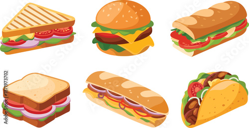 Set of fast food sandwiches including burger, sub, taco, and grilled sandwich in colorful flat vector style