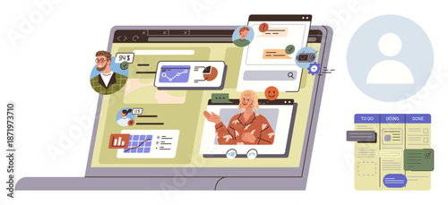 Remote work, virtual collaboration, online education, teleconferencing, workflow management, digital networking. Laptop screen displaying communication tools and task management apps. Remote work