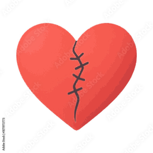 Mended broken heart symbolising healing from emotional pain and recovery isolated on white background