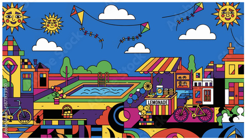 Colorful abstract illustration of a vibrant summer cityscape