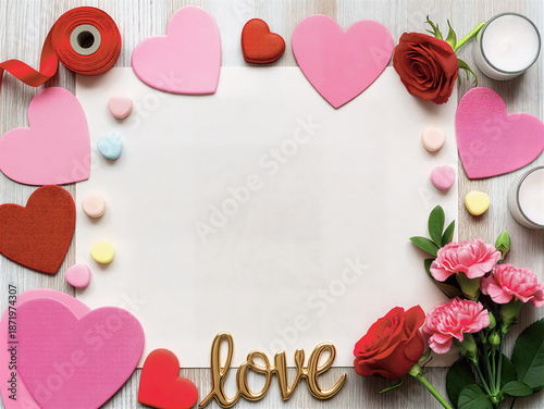Valentine Flat Lay Background with Pink and Red Hearts, Roses, Ribbon and Love Decoration, White Paper Design with Space in Center for Text for Greeting Card, Valentine Banner, and Romantic Promotion