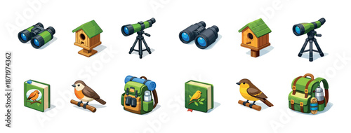 Birdwatching icons set with binoculars, birdhouses, books, and backpacks