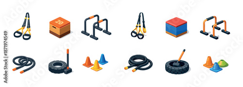Variety of fitness equipment including battle ropes, hurdles, and exercise boxes