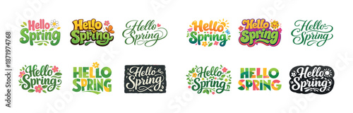 Colorful hello spring lettering designs with floral elements