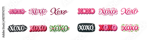 Pink and red xoxo typography designs in various styles and patterns