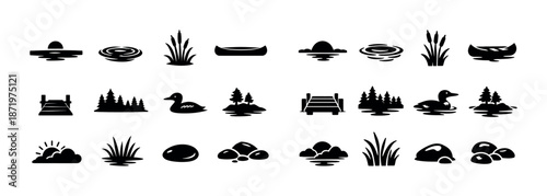 Set of black silhouette lake icons featuring boats, ducks, and nature elements
