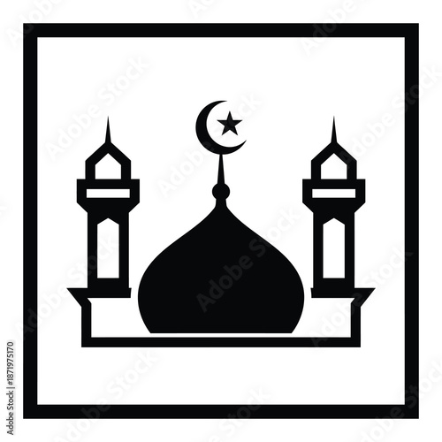 A simple black and white illustration depicting an islamic mosque with a crescent moon design