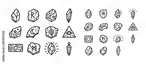 Set of hand-drawn magical rune and crystal symbols in black and white