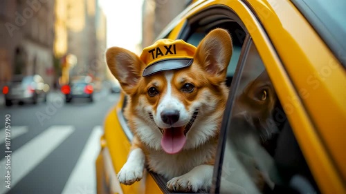 Cute corgi dog wearing yellow taxi driver hat leaning out window of bright yellow New York cab smiling happily on busy urban street city background