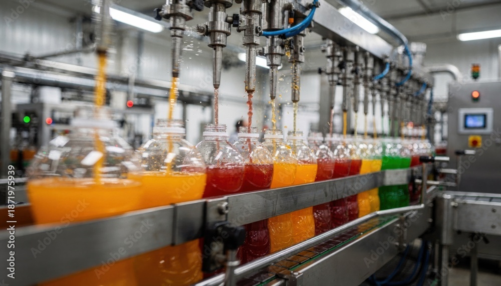 Fototapeta premium Plastic bottles rapidly moving on conveyor belts as automated nozzles fill them with flavored drinks highlighting efficiency in mass production.