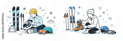 Young caucasian male skiers preparing equipment for winter sports adventure