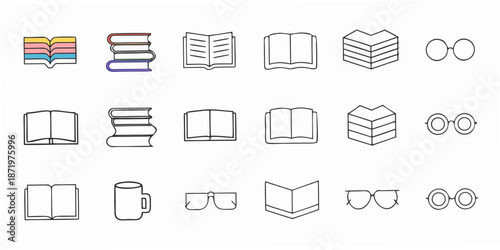 Collection of outlined icons representing books reading and educational supplies