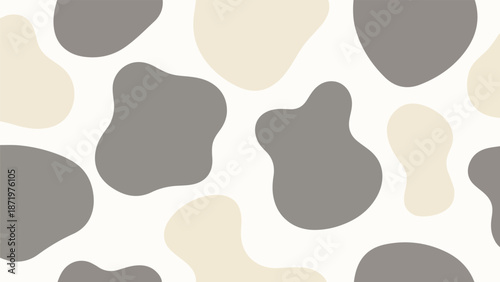 Seamless minimal geometric pattern of irregular gray and beige shapes on a white background, creating a subtle texture.