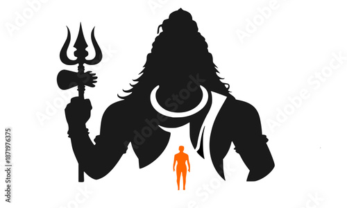 Lord Shiva silhouette vector illustration with trident trishula, Mahadev Hindu God spiritual art with small human figure, religious meditation concept, sacred Indian deity isolated on white