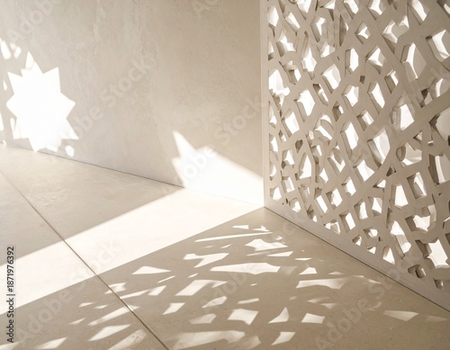 Light streaming through a minimalist lattice structure onto a serene interior floor