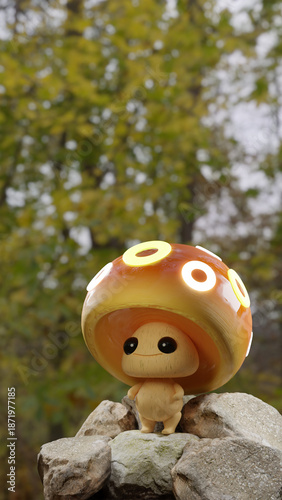 Wallpaper Mural Cute mushroom character standing on rock in autumn forest, 3D illustration Torontodigital.ca