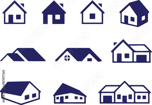 Collection of flat house icons for real estate and property concepts representing homes and buildings.