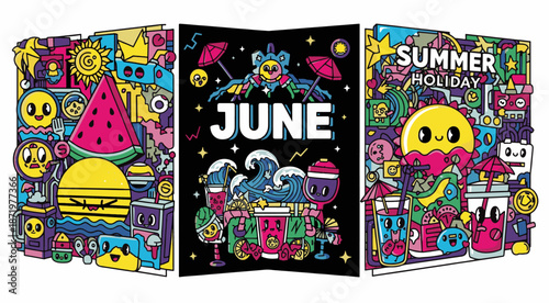 Colorful Summer Holiday Posters with Vibrant Cartoon Illustrations