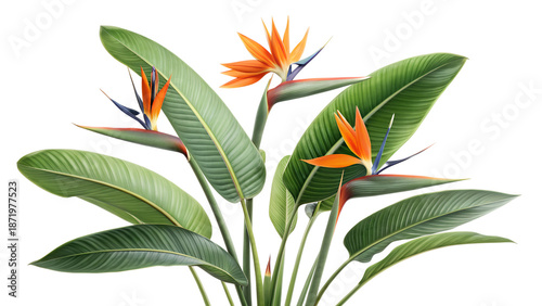 Vibrant Bird of Paradise Flowers with Lush Green Tropical Leaves Isolated on White