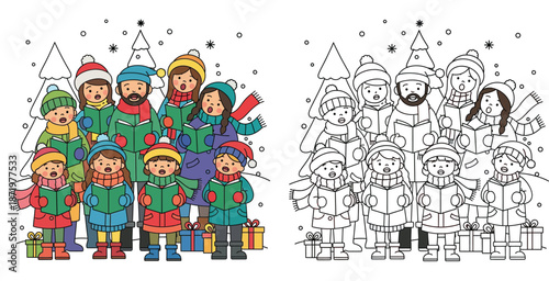 Christmas carolers singing in winter snow vector illustration set including colored version and black and white outline for coloring book page with happy choir of adults and children.
