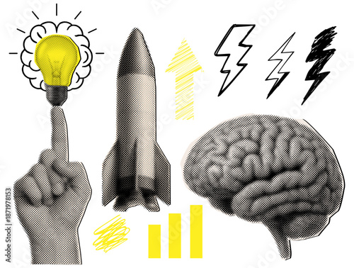 Pop Art Collage of Innovation and Creativity Symbols, Hand Pointing to Glowing Light Bulb, Rocket Launch, Upward Arrow, Lightning Bolts, Brain Illustration, and Bar Graph on White Background