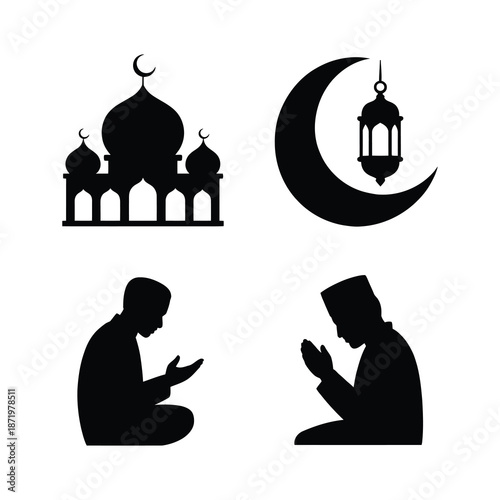 Islamic symbols and silhouettes representing faith prayer and the holy month of ramadan observed