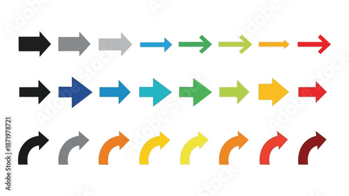 Collection of rightward pointing arrows in straight and curved shapes shown in multiple bright colors