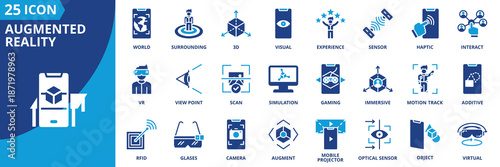 augmented reality icon set collection in solid glyph dual color style. pack contain virtual, augment, immersive, 3d, mixed, surrounding, world, vr, glases, mobile projector  icon
