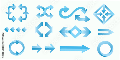 Collection of various blue arrow symbols indicating different directions and processes