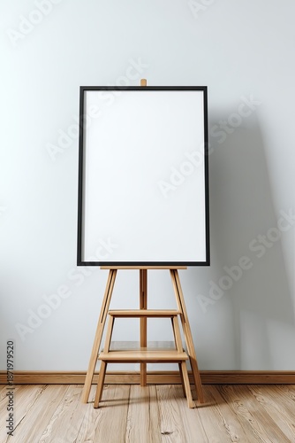Wallpaper Mural A blank vertical black-framed canvas stands on a wooden easel against a white wall Torontodigital.ca