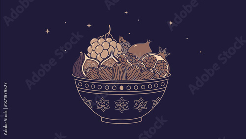 Illustration of a decorative bowl filled with various fruits and nuts against a dark blue background with stars, symbolizing Ramadhan.