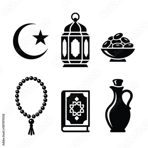 ramadan decorations depict a crescent moon lantern dates tasbih quran and traditional items