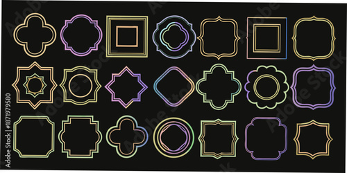 Colorful ornate frame collection decorative borders and shapes on a dark background