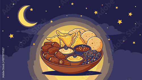 Illustration of a traditional iftar meal setup with dates, samosas, and other foods on a plate against a night sky with a crescent moon and stars, symbolizing Ramadhan.