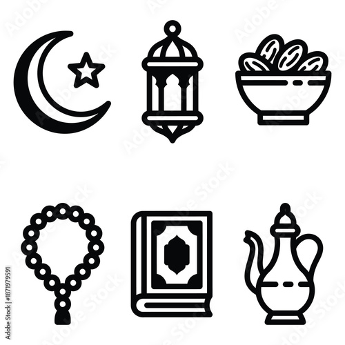 Illustrative islamic symbols including crescent moon lantern dates prayer beads quran and teapot