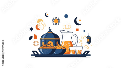 Flat design illustration of a traditional Ramadhan spread with dates, pitcher, and glass on a tray, surrounded by moon, stars, and lantern icons in blue, orange, and yellow hues against a